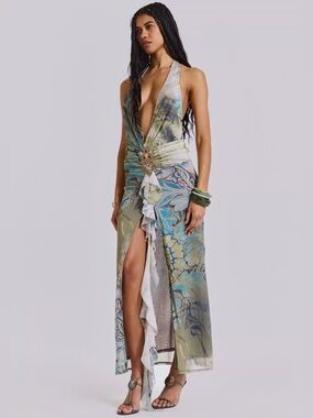 Jaded London Cindy Plunge Maxi Dress in Green Long Gown